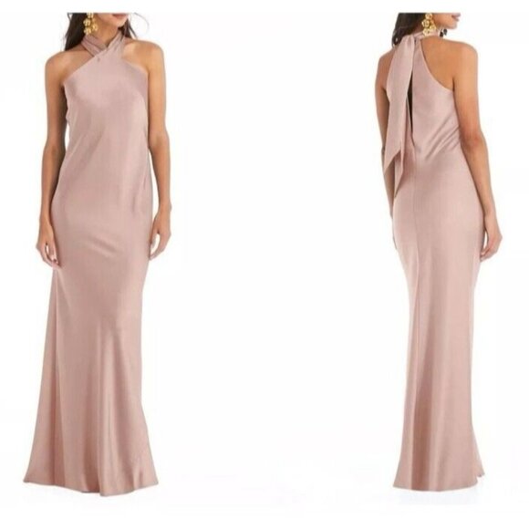 LOVELY LB025 Medium Satin Twist Halter Formal Trumpet Gown NWT $231 - Picture 1 of 8